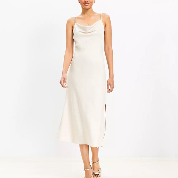 LOFT Silky Champagne Color Cowl Neck Slip Dress with Spaghetti Straps - Size 2 - Picture 1 of 10